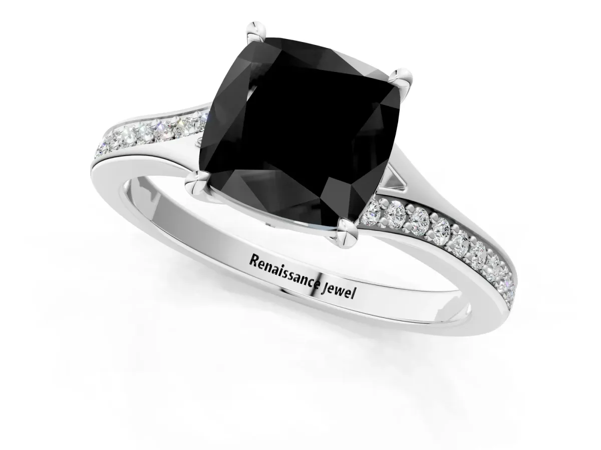 Fancy Black Cushion Cut Diamond Solitaire Ring with Pavé Band and Prong Setting Silver