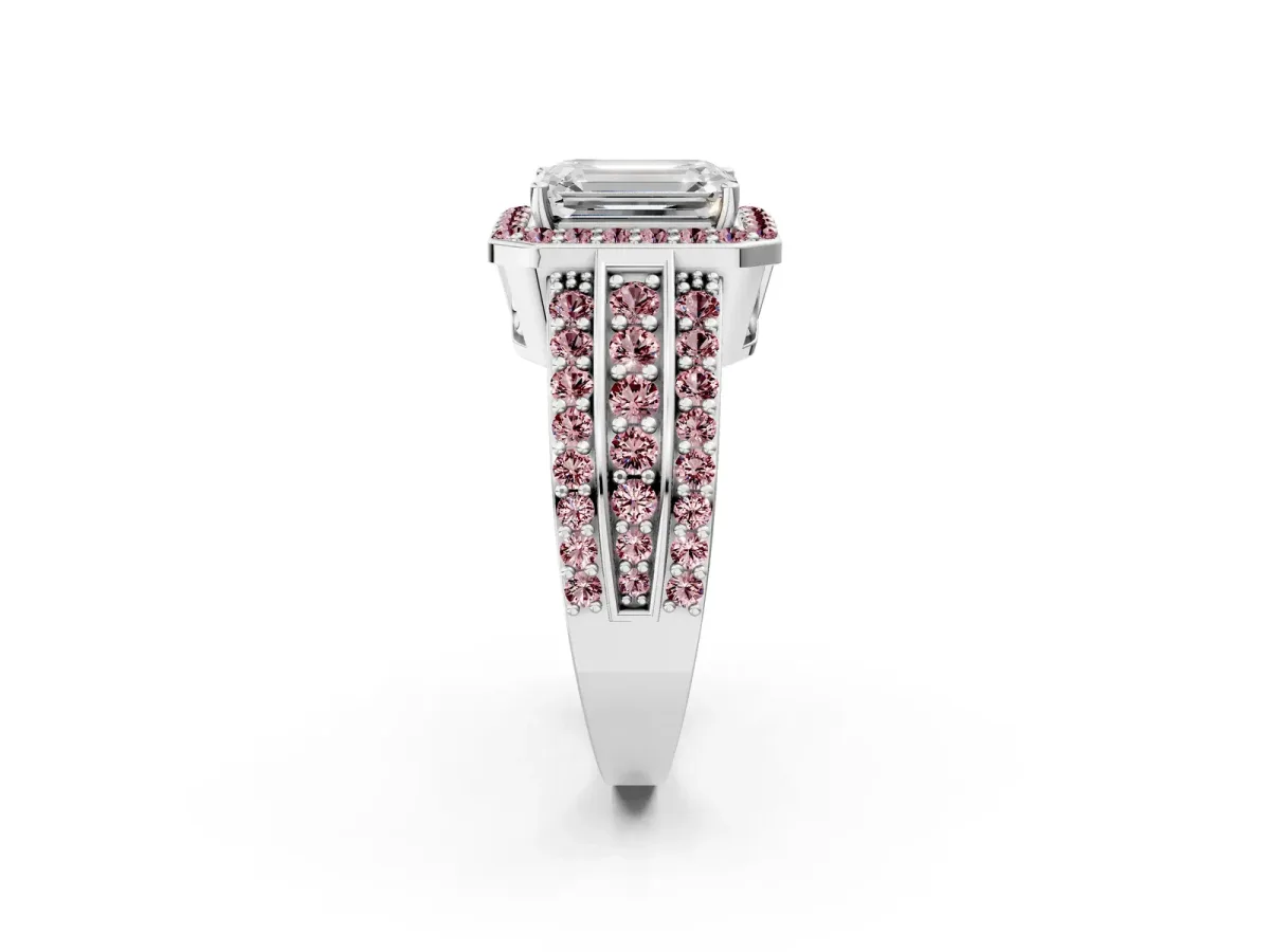 Emerald Cut Halo Diamond Ring with Round Morganite Split Shank and Prong Setting White gold