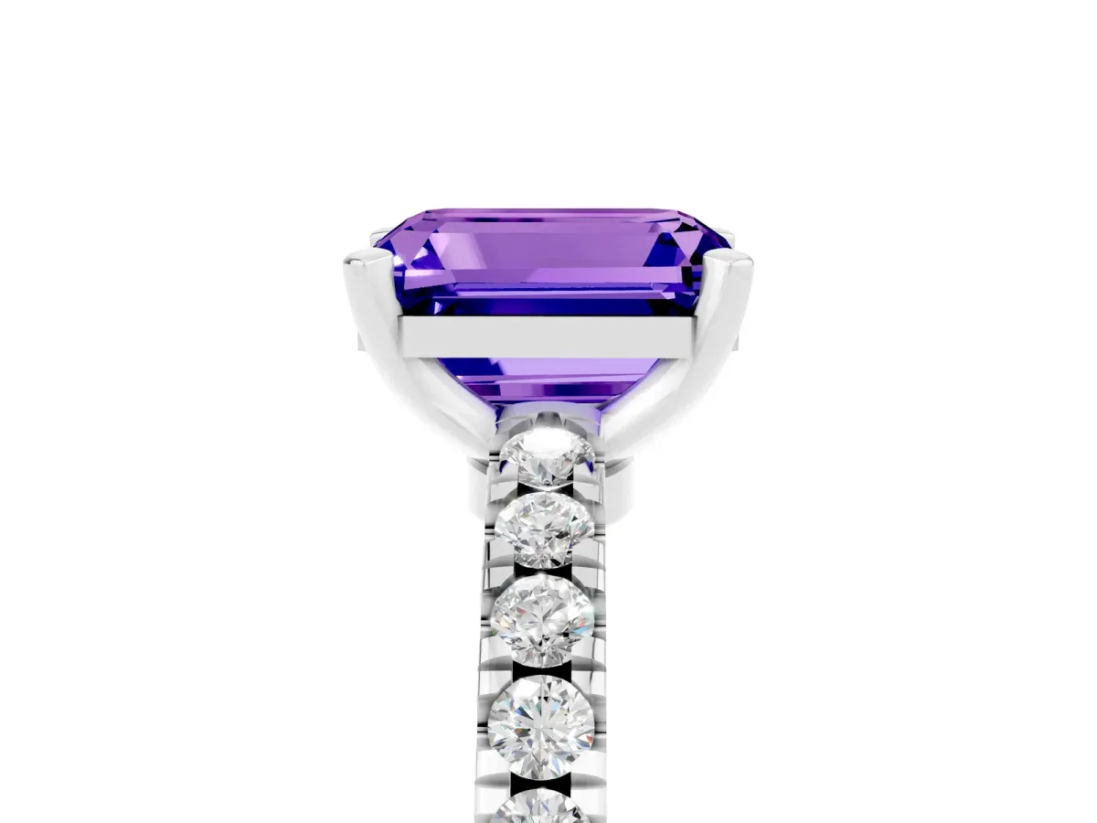Emerald Cut Solitaire Tanzanite with Pavé Band and Four-Prong Setting Silver