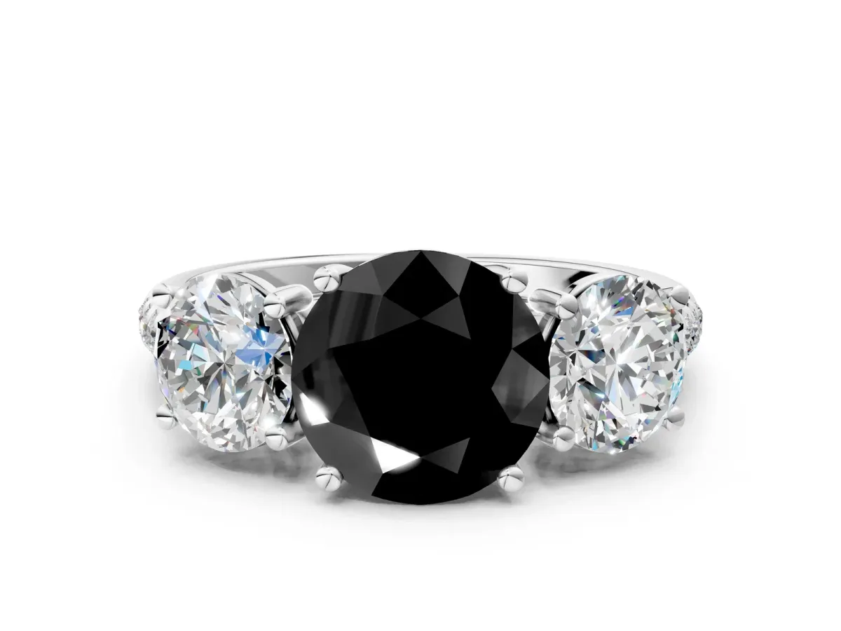 Fancy Black Three-Stone Round Cut Diamond Ring with Round Pavé Band and Prong Setting Platinum