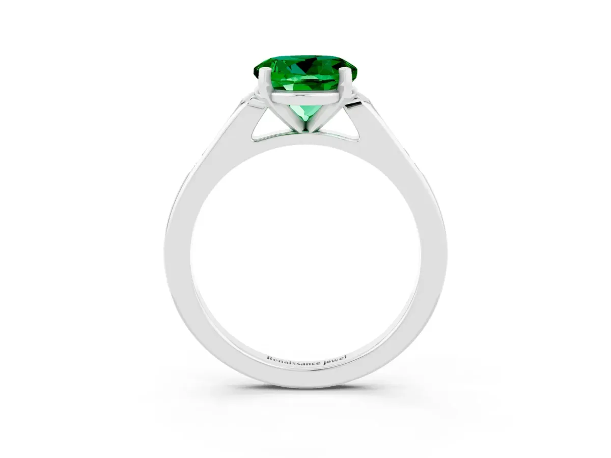Round Cut Emerald Solitaire Ring with Channel Set Round Band and Prong Setting Platinum