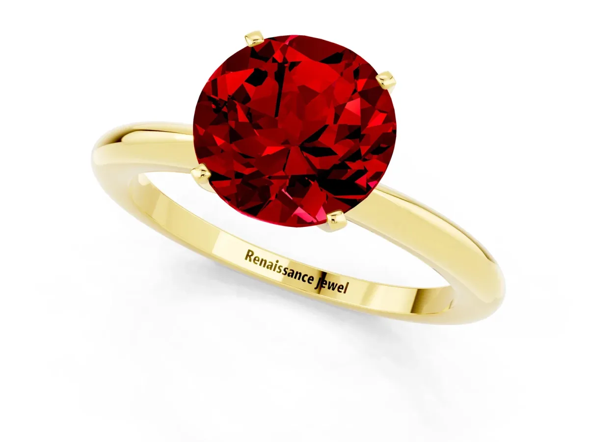 Round Cut Ruby Solitaire Ring with Six-Prong Setting and Classic Band Yellow gold