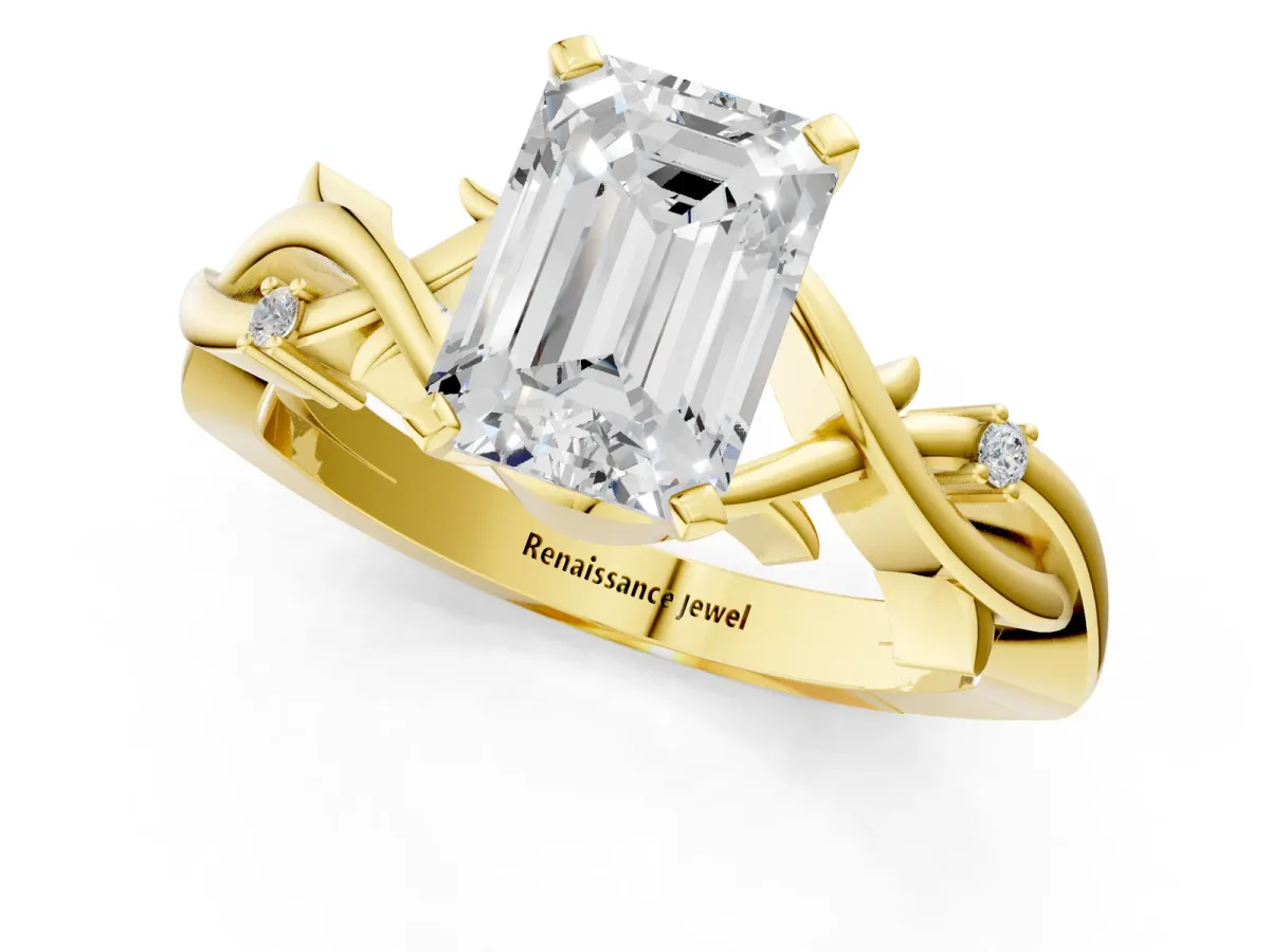 Emerald Cut Diamond Solitaire Ring with Twisted Band and Prong Setting Yellow gold