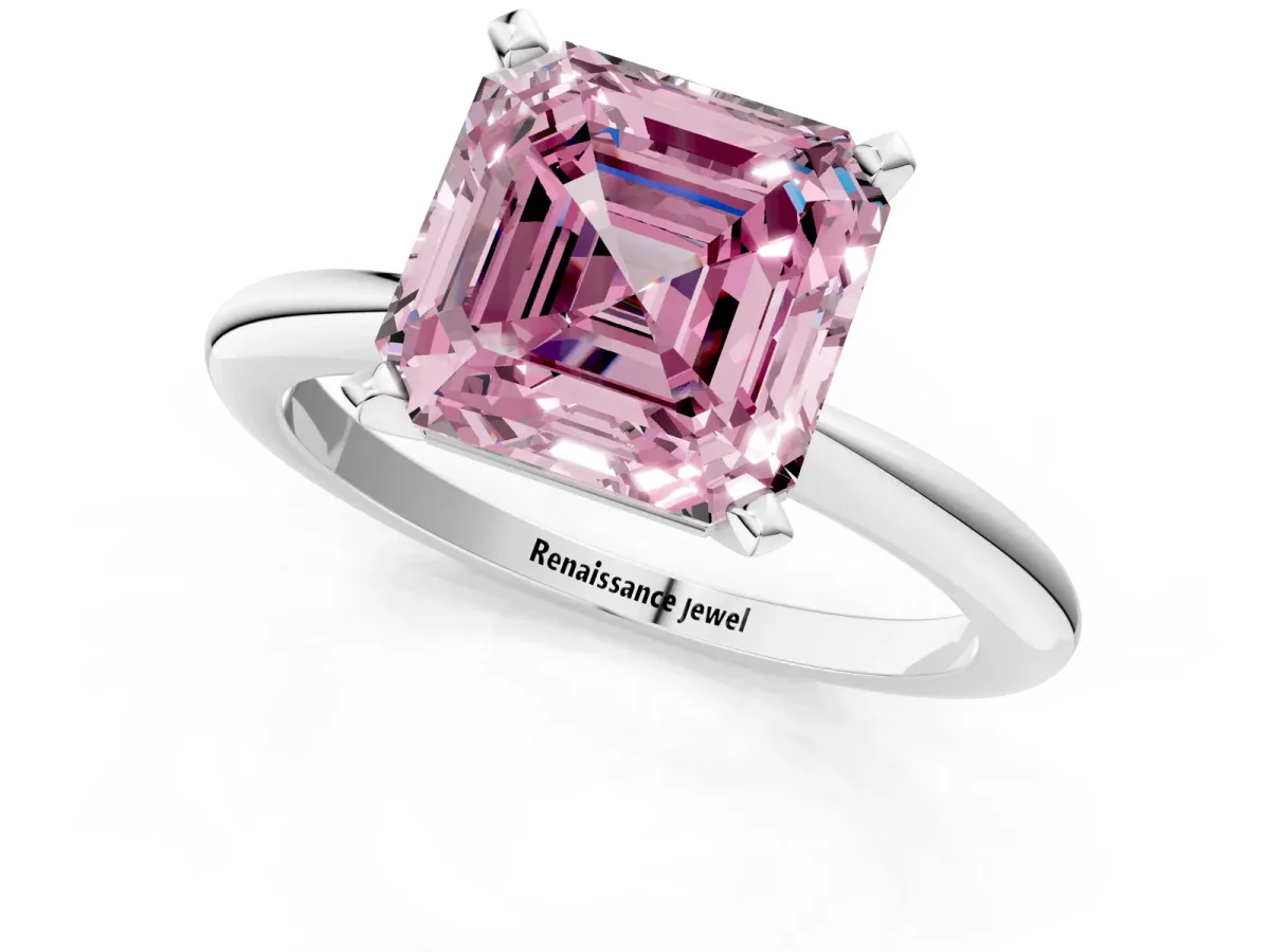 Fancy Pink Asscher Cut Diamond Solitaire Ring with Six-Prong Setting and Classic Band Silver