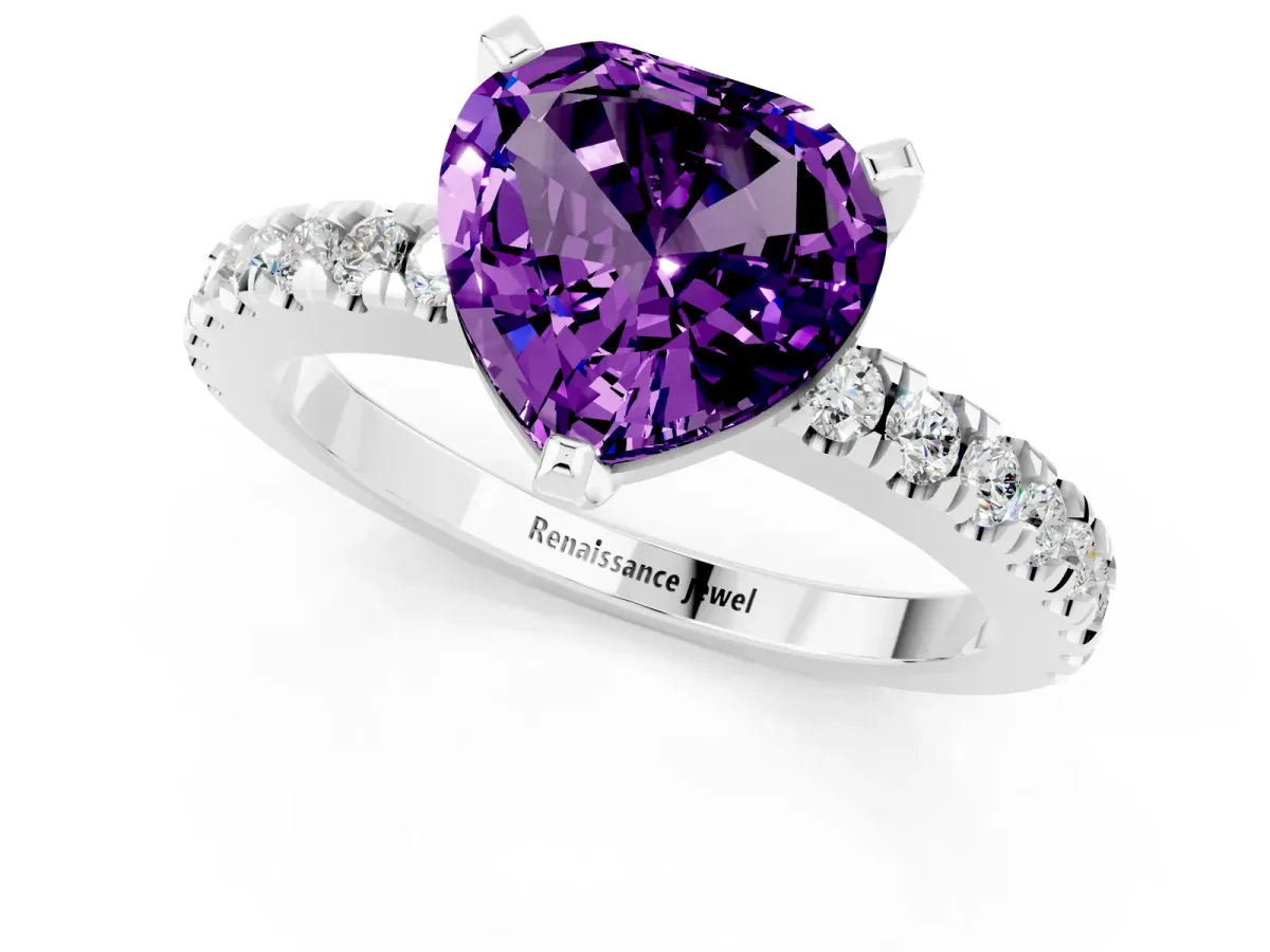 Heart Cut Solitaire Amethyst with Pavé Band and Four-Prong Setting Silver