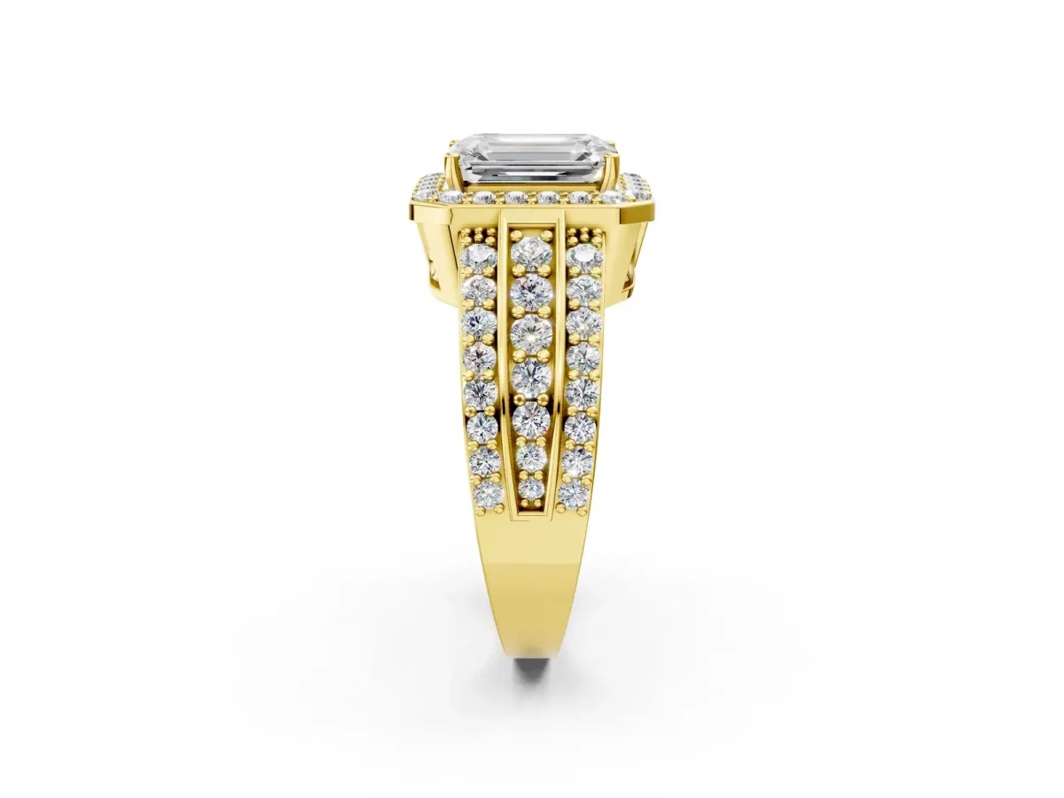 Emerald Cut Halo Diamond Ring with Round Split Shank and Prong Setting Yellow gold