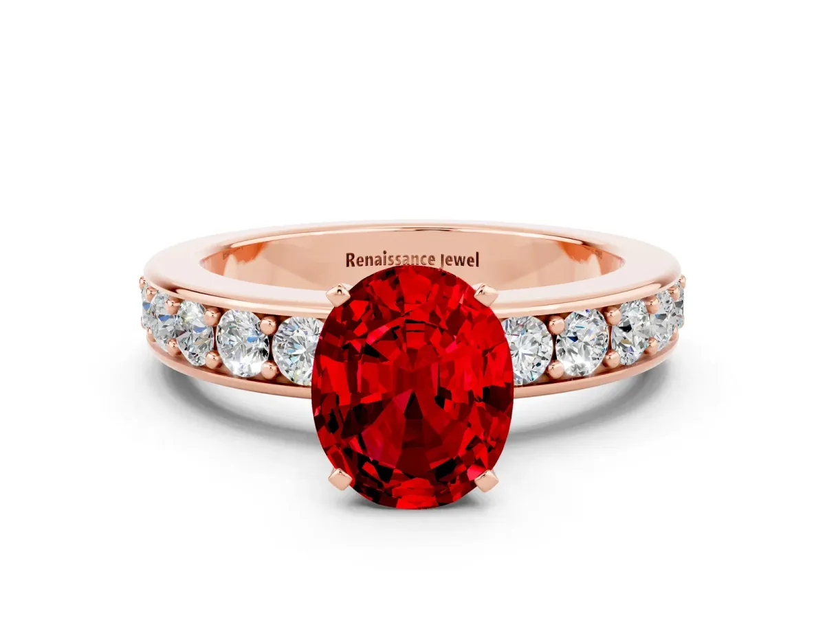 Oval Cut Ruby Engagement Ring with Channel Set Round Band and Prong Setting Rose gold