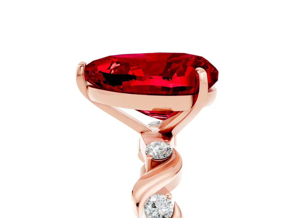 Heart Cut Ruby Solitaire Twisted Band with Round Accents and Prong Setting Rose gold
