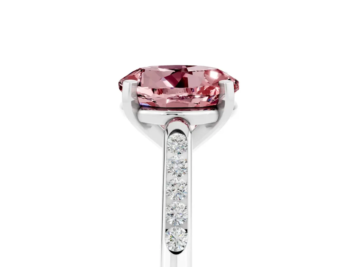 Round Cut Morganite Solitaire Ring with Channel Set Round Band and Prong Setting Silver