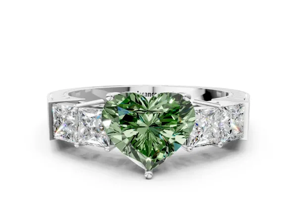 Fancy Green Heart Cut Solitaire Princess Side Stone Engraved Band Prong Setting Ring Platinum