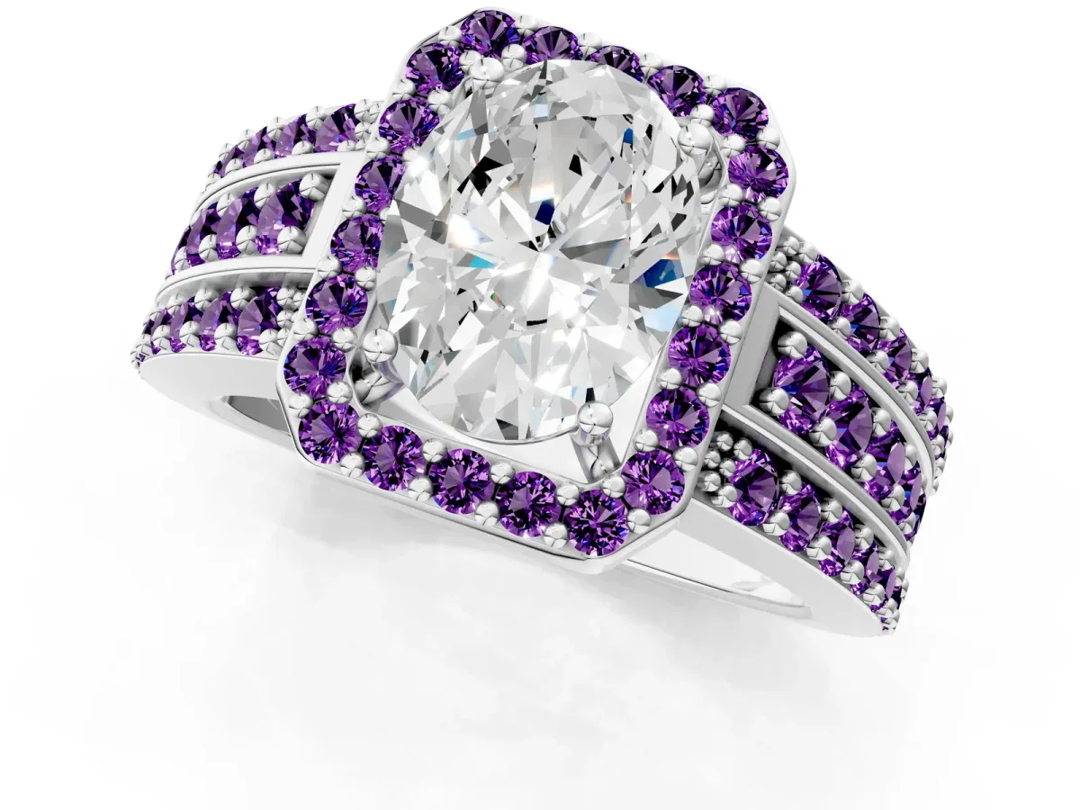 Oval Cut Halo Diamond Ring with Round Amethyst Split Shank and Prong Setting White gold