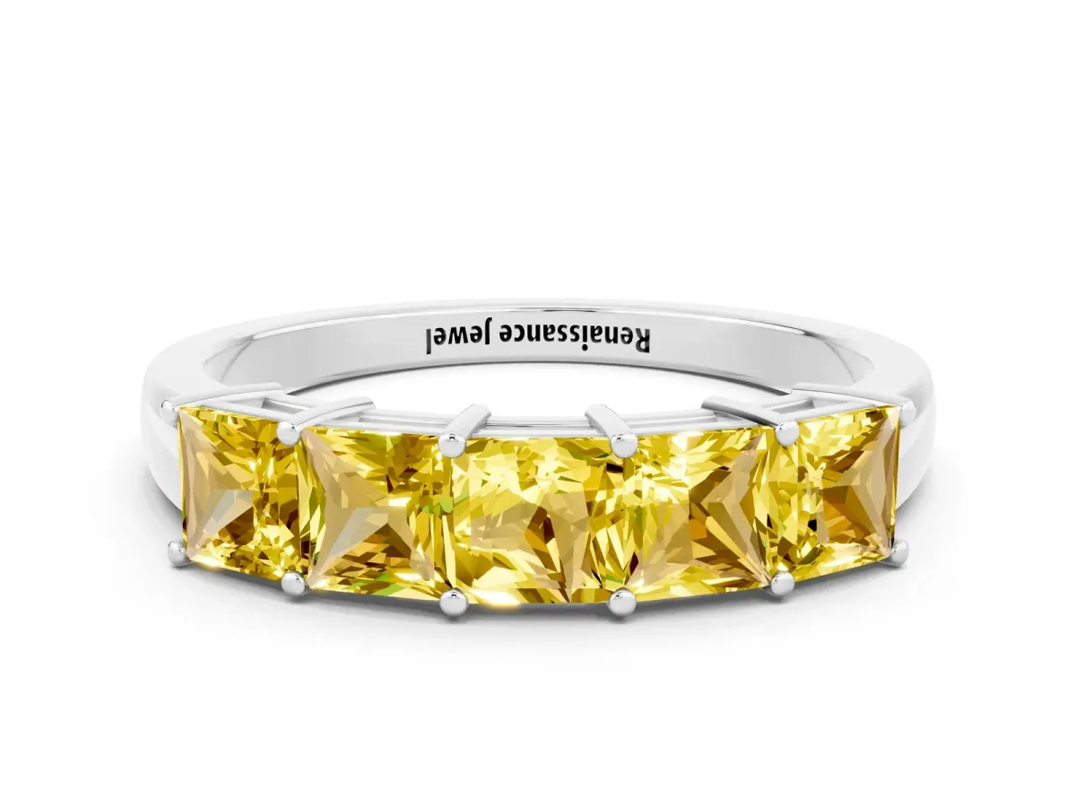 Princess Cut Five-Stone Yellow Sapphire Band with Prong Setting Silver