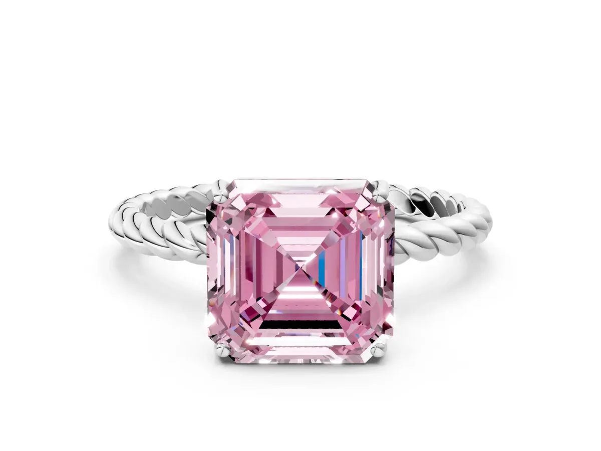 Fancy Pink Asscher Cut Solitaire Twisted Band 4-Prong Ring Platinum