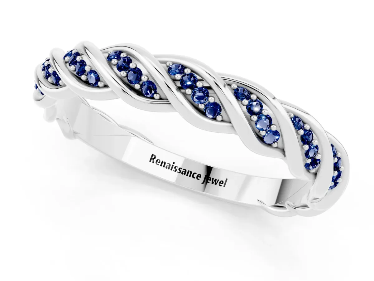 Twisted Pavé Round Blue Sapphire Eternity Band with Shared Prong Setting Platinum