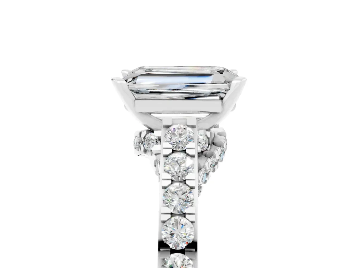 Emerald Cut Moissanite Solitaire Ring with Crossover Gallery and Round Pavé Band Silver