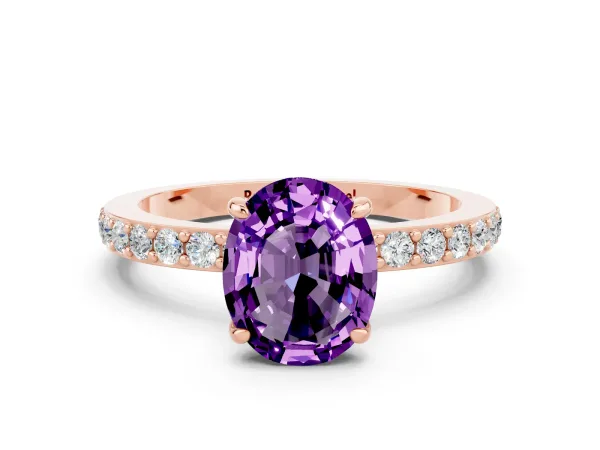 Oval Cut Amethyst Solitaire Engagement Ring with Pavé Band and Four-Prong Setting Rose gold