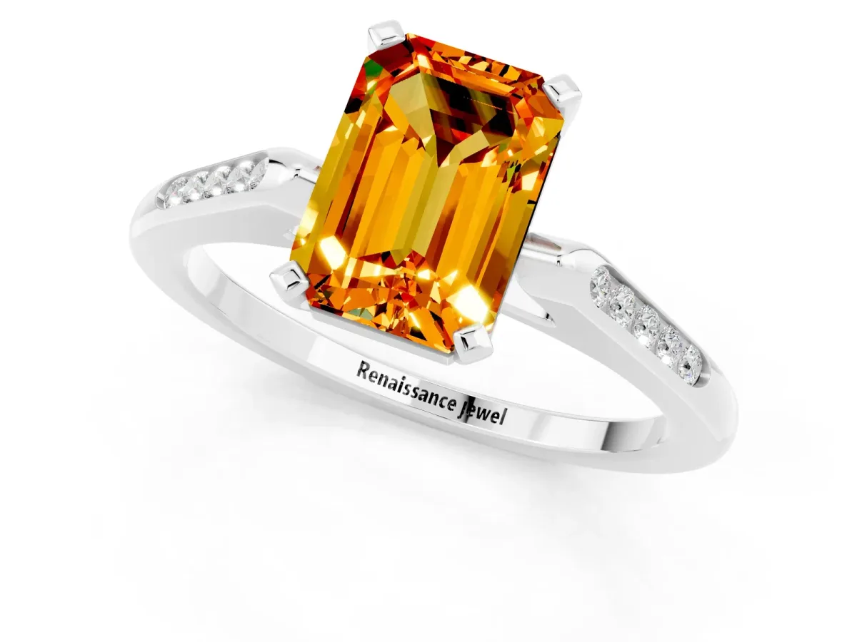 Emerald Cut Citrine Solitaire Ring with Channel Set Round Band and Prong Setting Silver