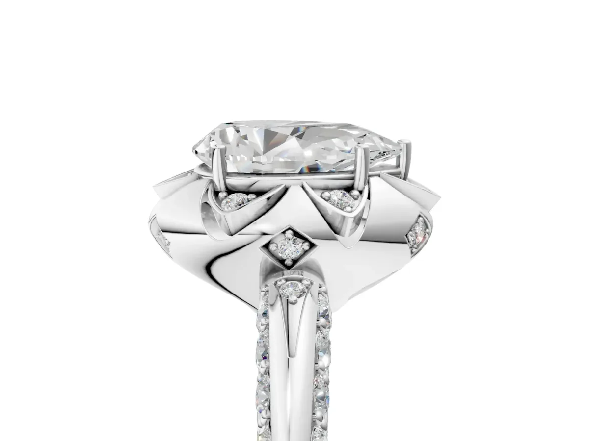 Pear Cut Halo Split Shank Pave Diamond Ring with Petal Prong Setting Platinum
