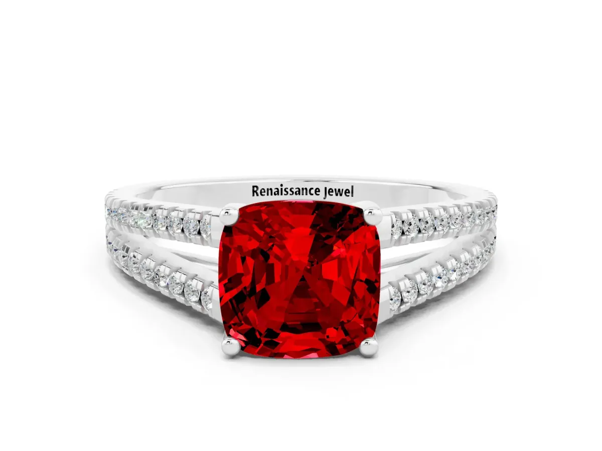 Cushion Cut Ruby Solitaire Engagement Ring with Split Shank Pavé Band Silver