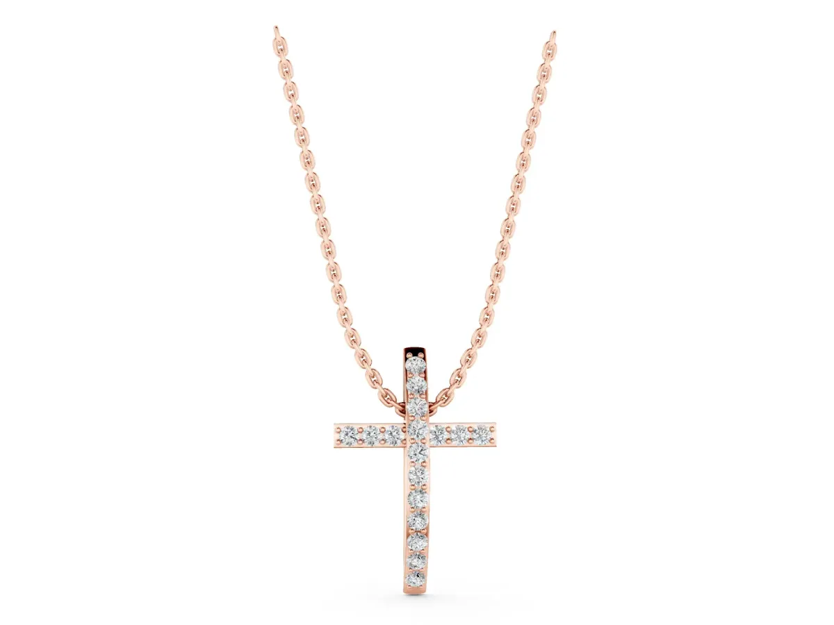 Pavé Round Diamond Cross Pendant with Prong Setting Rose gold