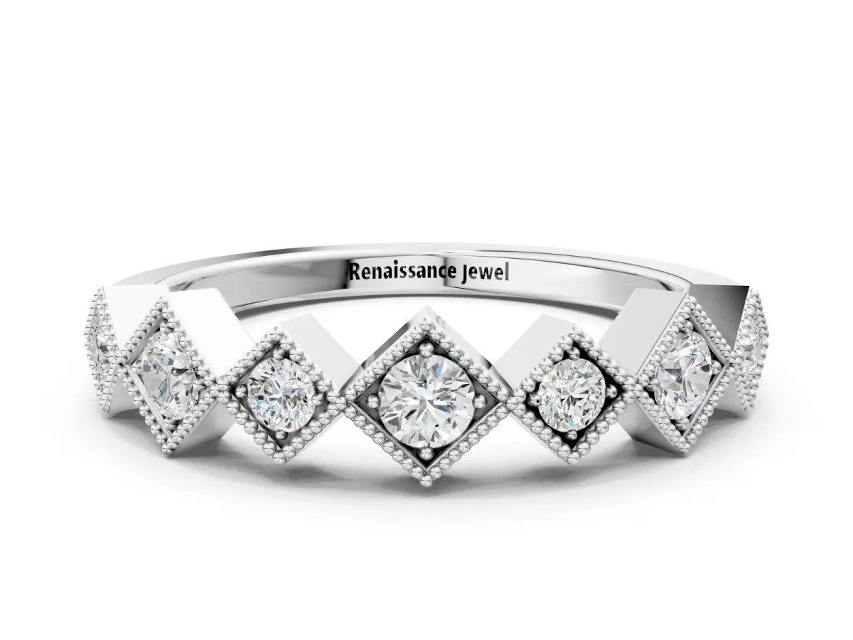 Milgrain Square Bezel Round Diamond Chevron Band Silver