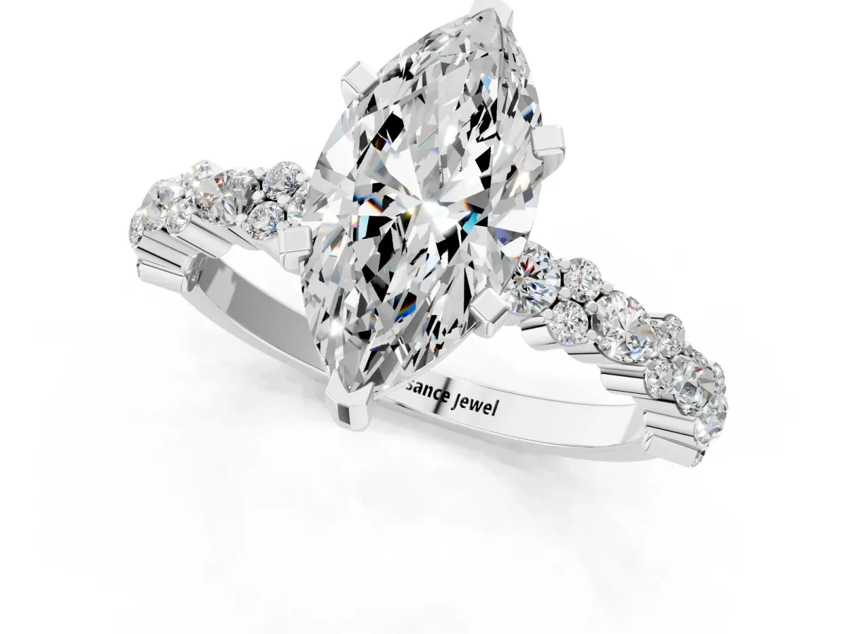 Marquise Cut Diamond Side Stone Solitaire Ring with Round and Four-Prong Setting Platinum