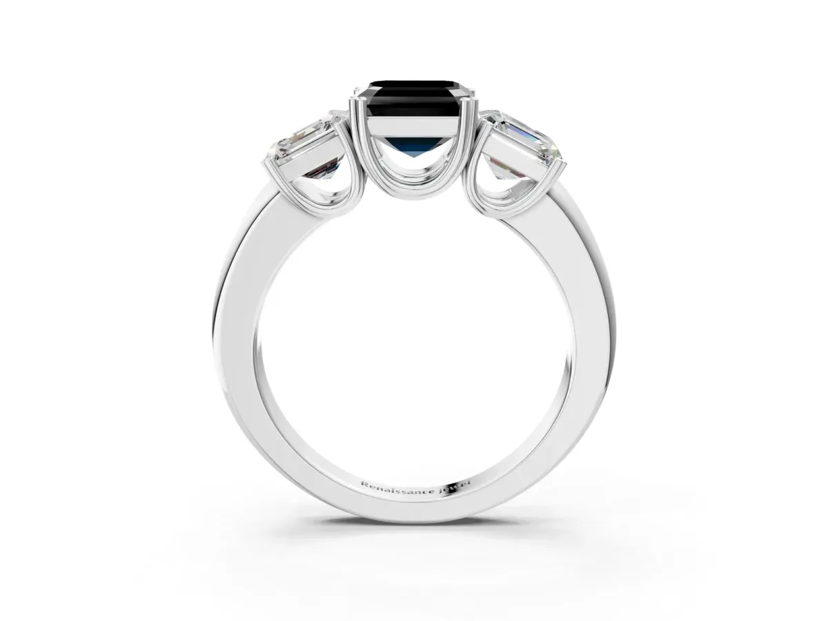Fancy Black Three-Stone Asscher Cut Cut Diamond Ring with Channel Set Band and Four-Prong Setting Silver