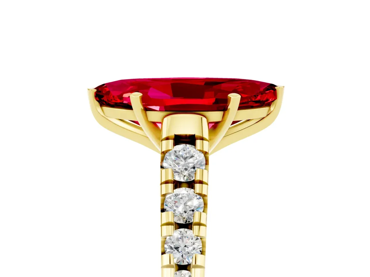 Marquise Cut Ruby Cathedral Solitaire Ring with Round Pavé Band Yellow gold