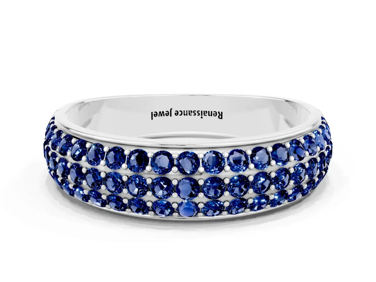 Three-Row Round Blue Sapphire Eternity Band with Shared Prong Setting Platinum