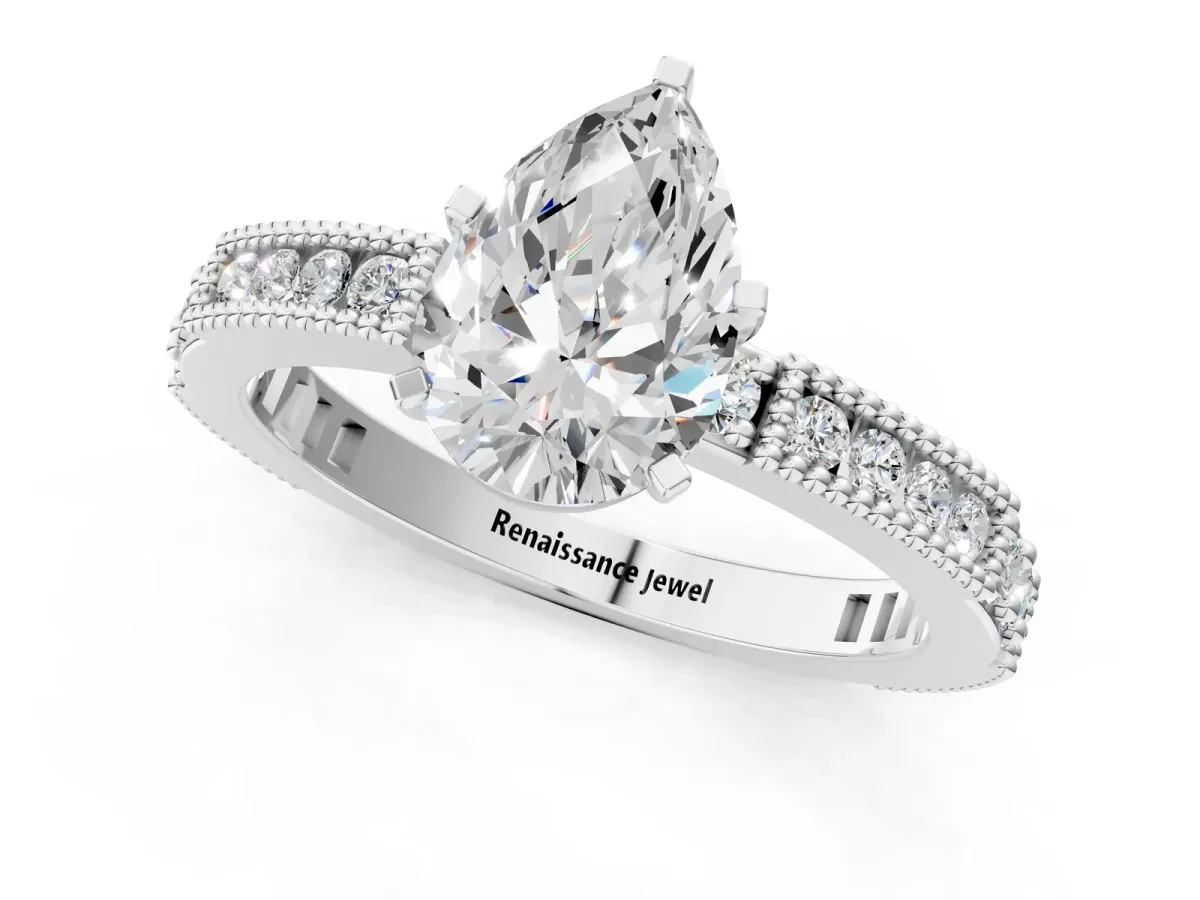 Pear Cut Solitaire with Pavé Band and Four-Prong Setting Silver