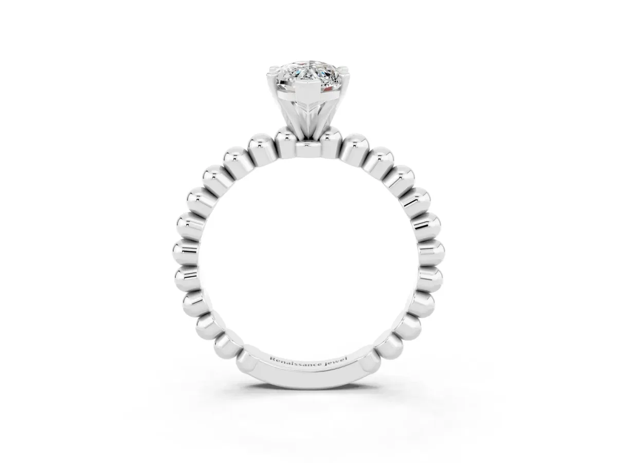 Marquise Cut Moissanite Solitaire Ring with Beaded Band and Prong Setting Silver