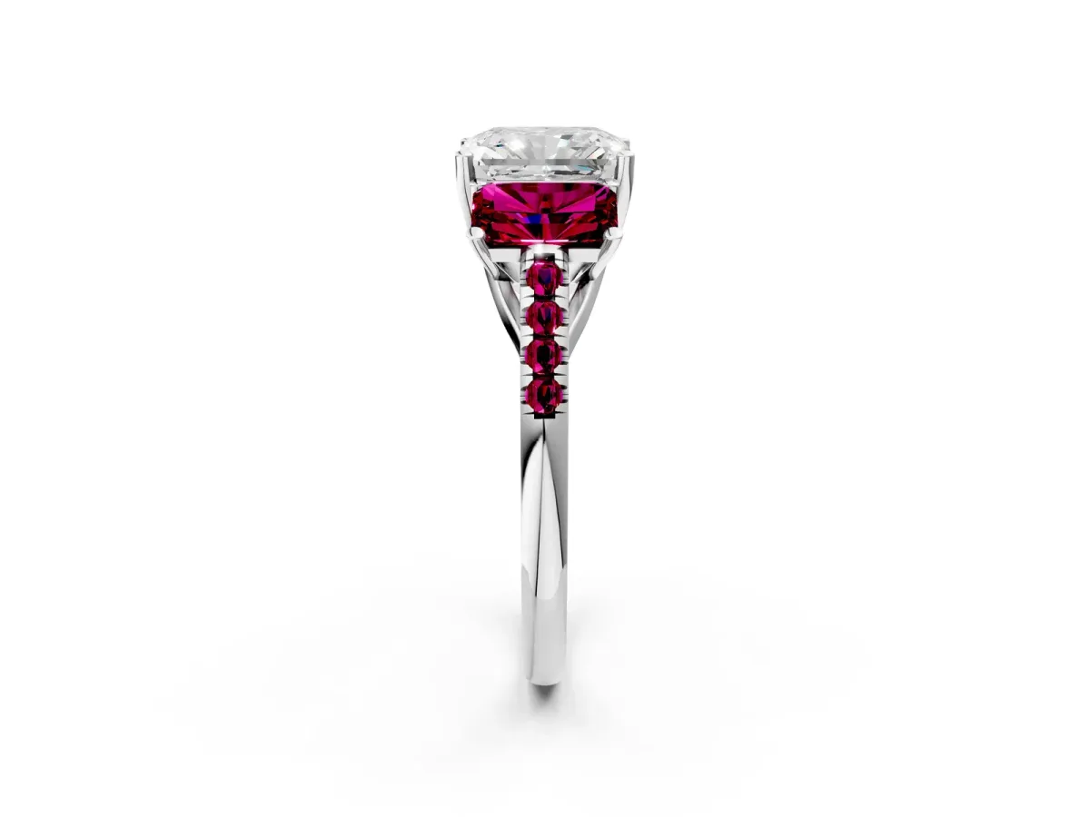 Three-Stone Radiant Cut Diamond Ring with Round Garnet Pavé Band and Prong Setting Silver