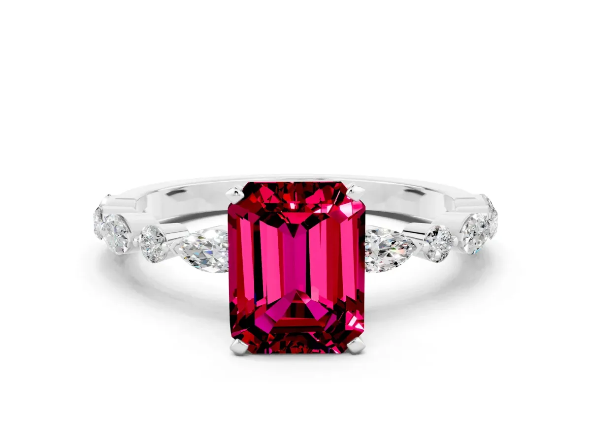 Emerald Cut Garnet Ring with Marquise and Round Side Stones and Four-Prong Setting Silver