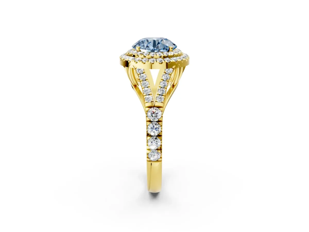 Fancy Blue Round Cut Diamond Double Halo Ring with Split Shank and Prong Setting Yellow gold