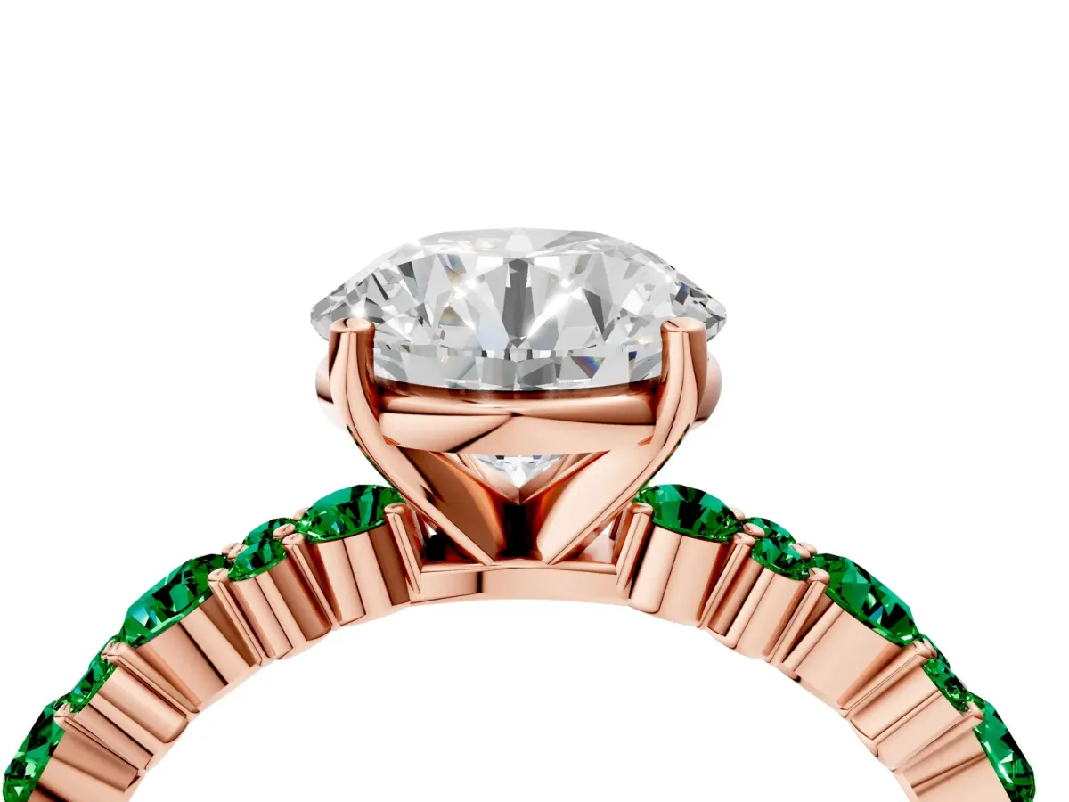 Round Cut Diamond Side Stone Solitaire Ring with Round Emerald and Four-Prong Setting Rose gold