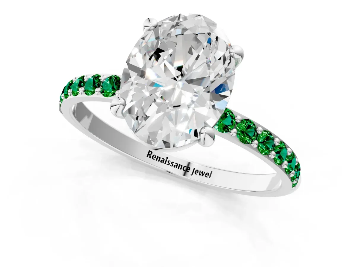Oval Cut Diamond Solitaire Ring with Round Emerald Pavé Band and Prong Setting Silver