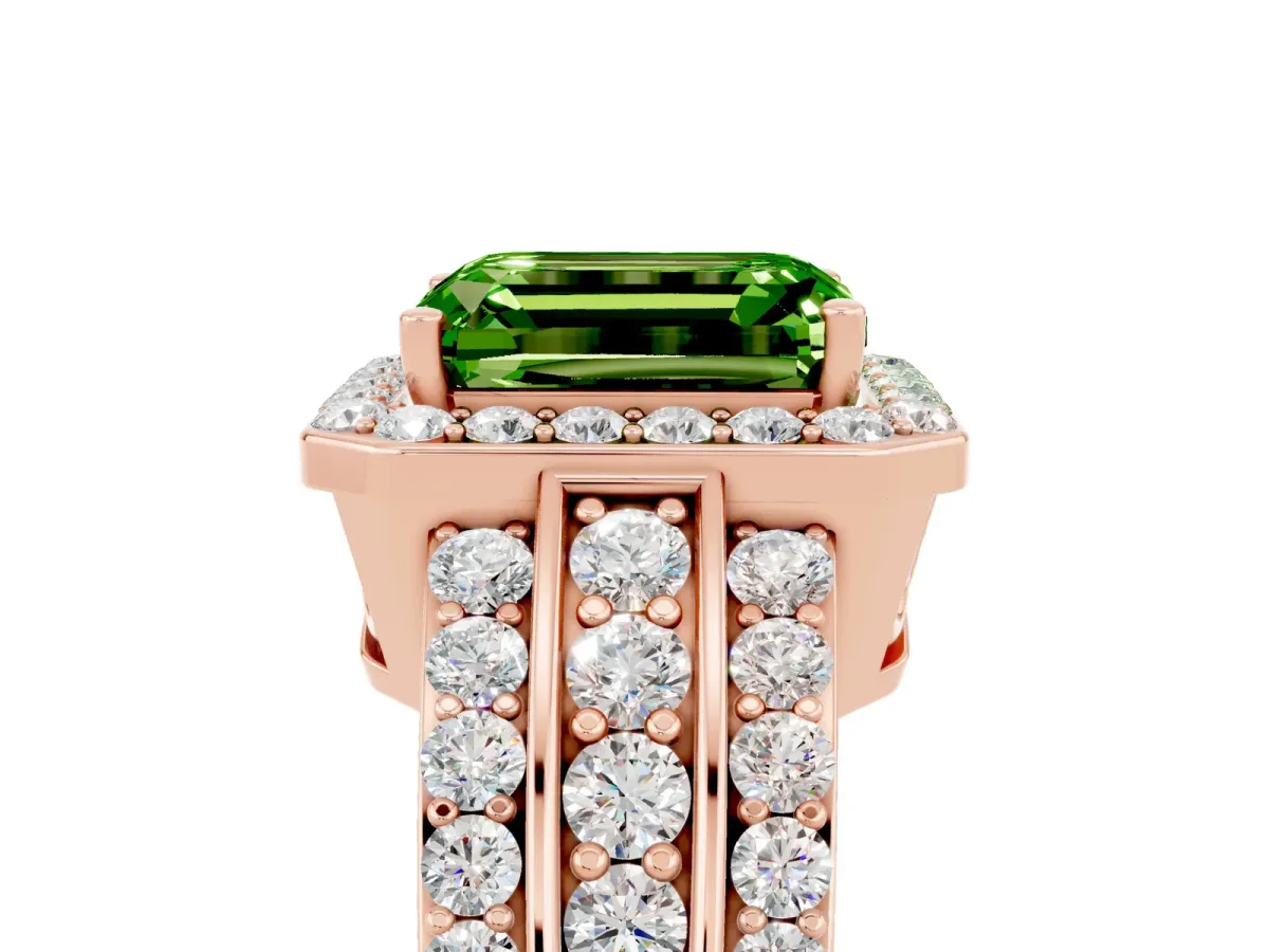 Emerald Cut Halo Peridot Ring with Round Split Shank and Prong Setting Rose gold