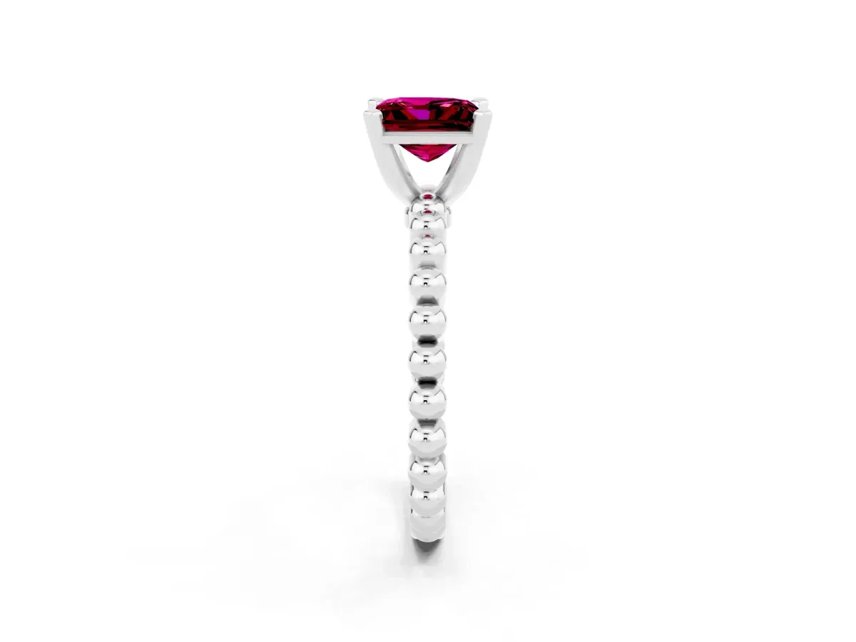 Princess Cut Garnet Solitaire Ring with Beaded Band and Prong Setting Platinum