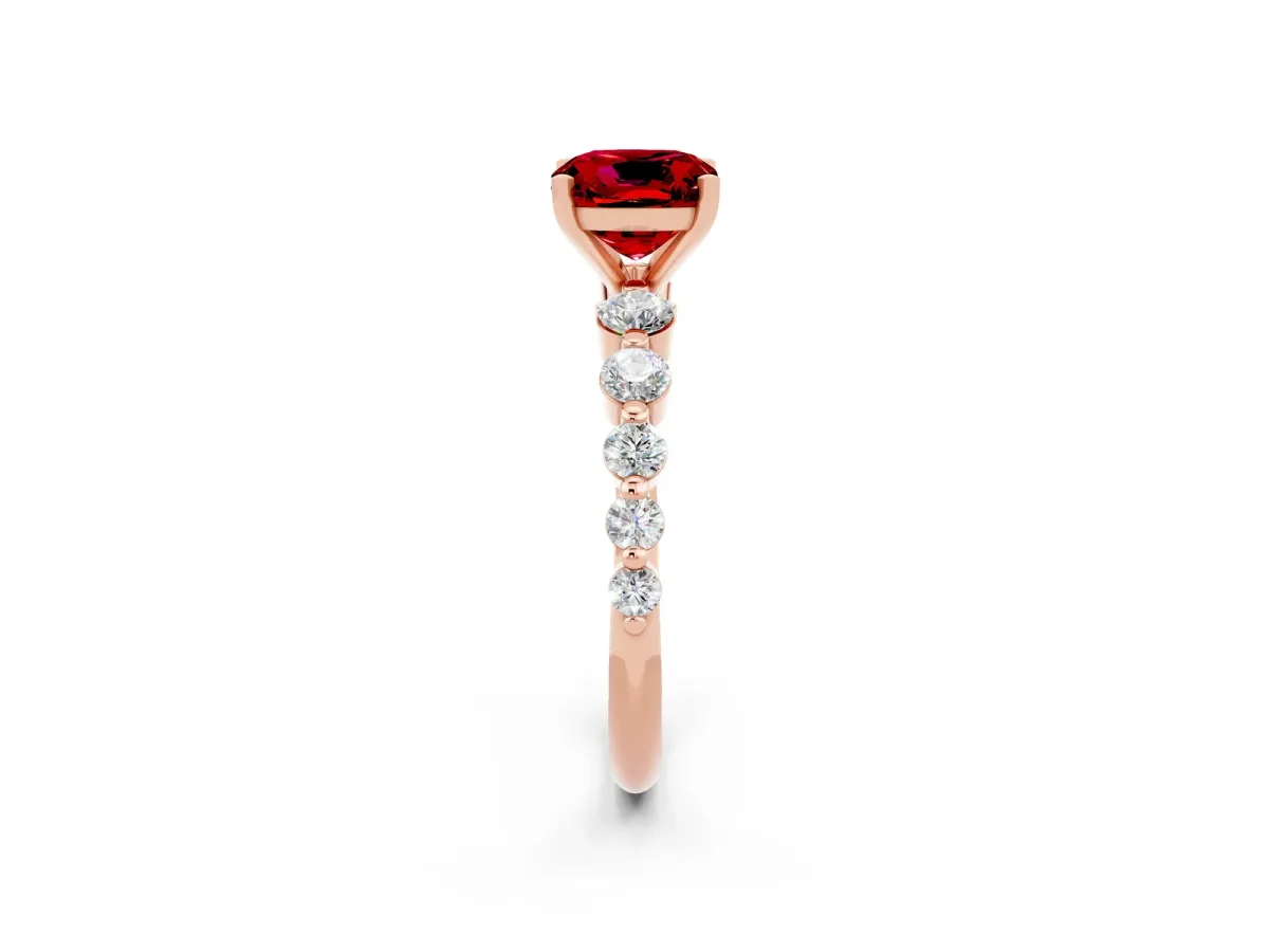 Cushion Cut Solitaire Ruby Ring with Pave Band and Four-Prong Setting Rose gold
