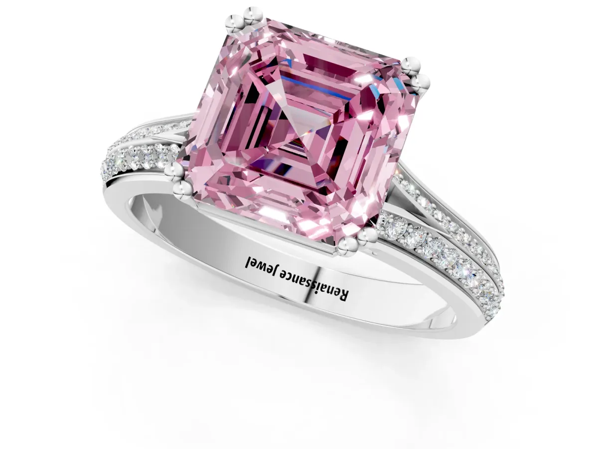 Fancy Pink Asscher Cut Diamond Split Shank Engagement Ring with Pavé Band Platinum