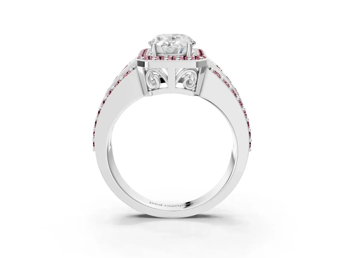 Oval Cut Halo Diamond Ring with Round Morganite Split Shank and Prong Setting Platinum