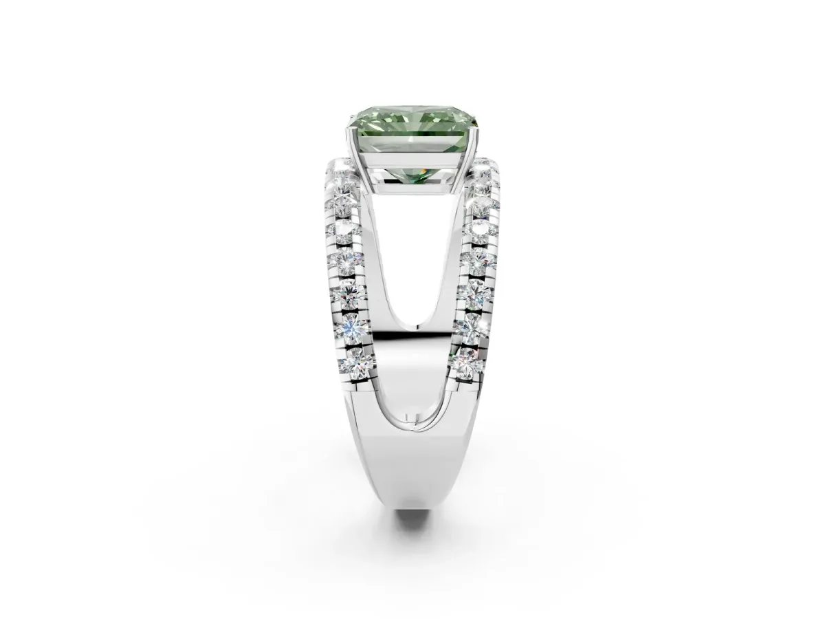 Fancy Green Radiant Cut Solitaire Split Shank Pave Diamond Ring Platinum