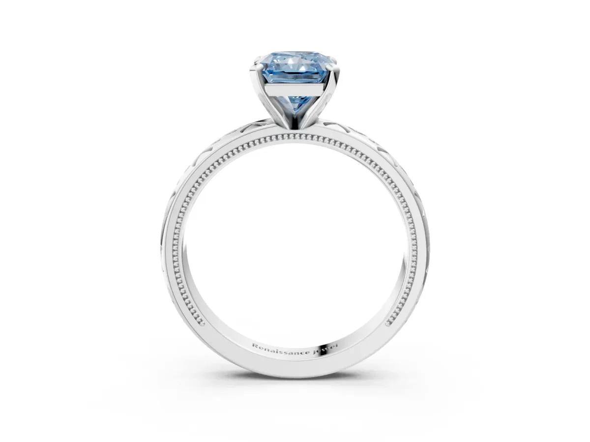 Fancy Blue Radiant Cut Solitaire Engagement Ring with Scrollwork Band and Four-Prong Setting Platinum