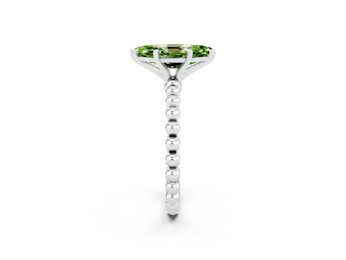 Marquise Cut Peridot Solitaire Ring with Beaded Band and Prong Setting Silver