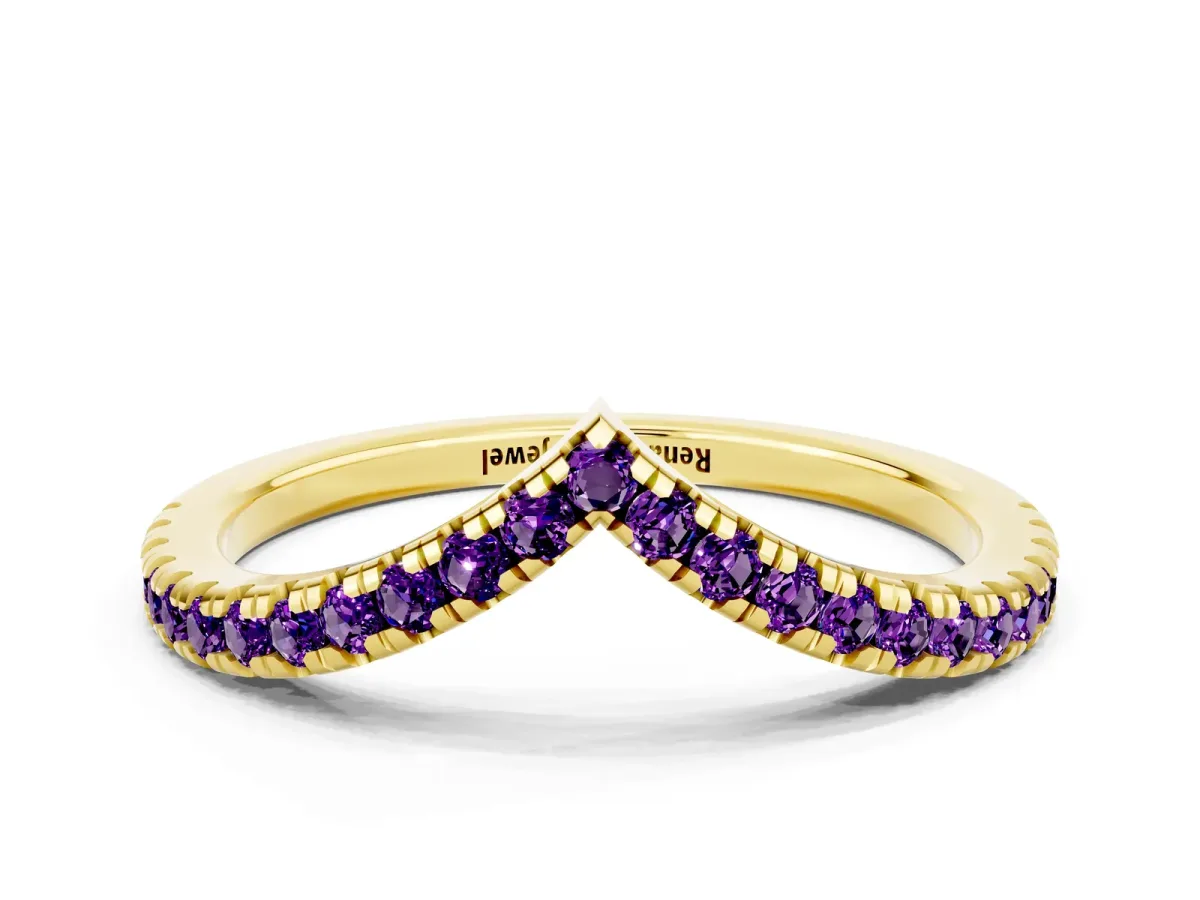 Pavé Round Amethyst V-Shaped Chevron Band with Shared Prong Setting Yellow gold