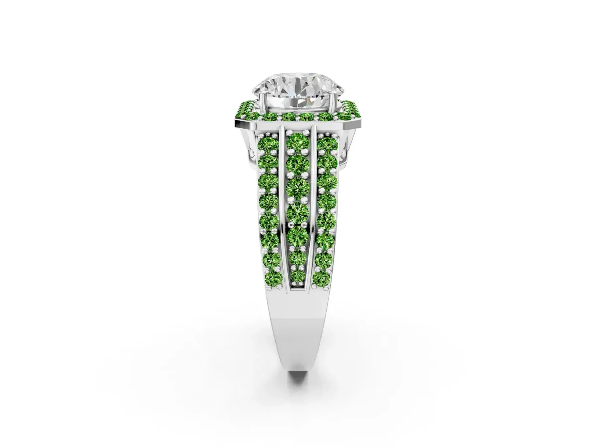 Round Cut Halo Diamond Ring with Round Peridot Split Shank and Prong Setting White gold