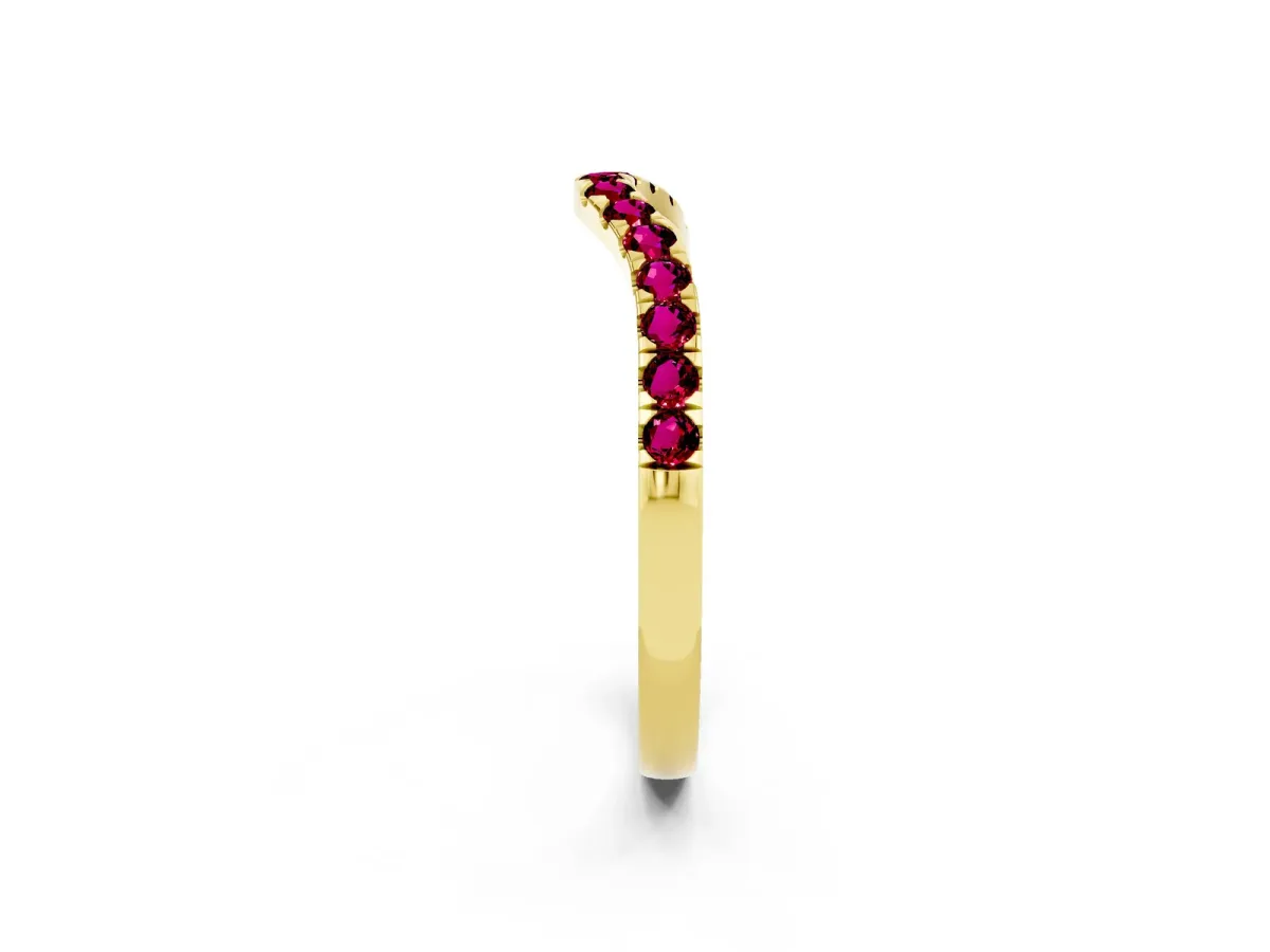 Curved Pavé Round Garnet Wedding Band with Shared Prong Setting Yellow gold