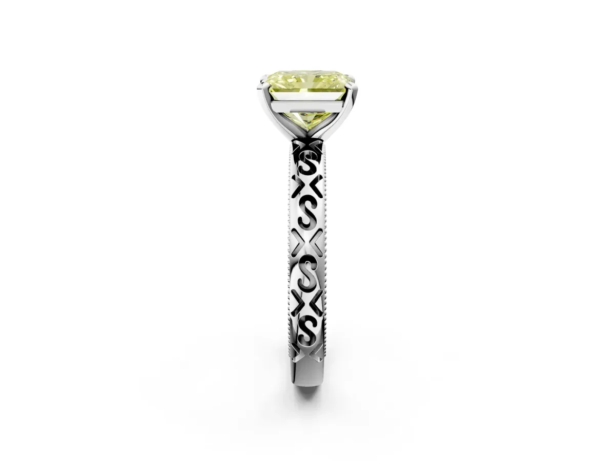 Fancy Yellow Radiant Cut Solitaire Engagement Ring with Scrollwork Band and Four-Prong Setting Platinum