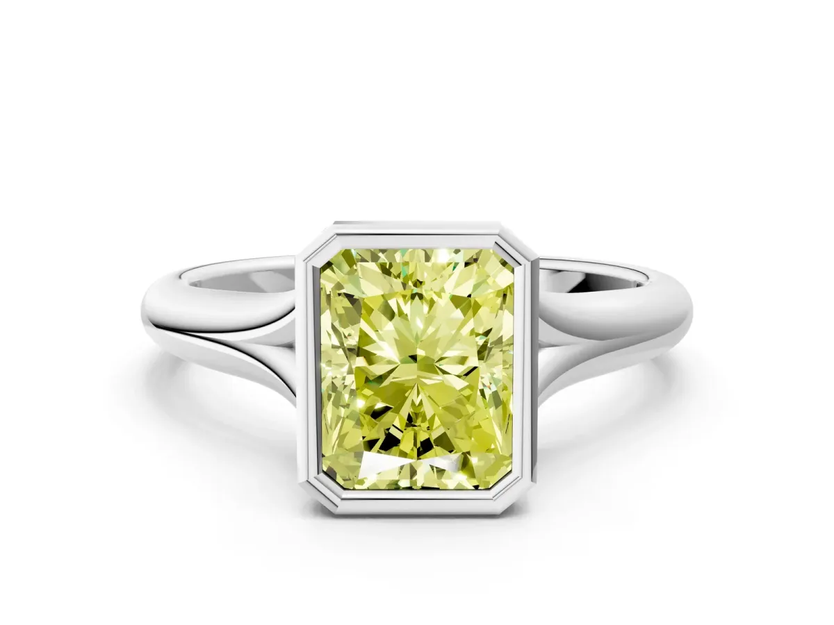 Fancy Yellow Bezel Set Radiant Cut Solitaire Diamond Ring with Smooth Band Platinum