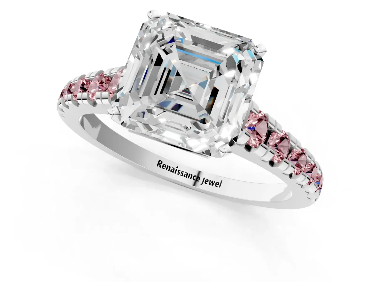 Asscher Cut Diamond Cathedral Solitaire Ring with Round Morganite Pavé Band Silver